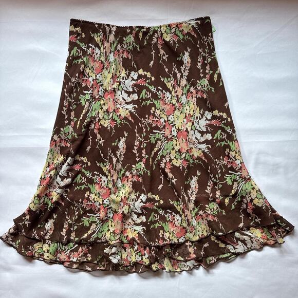 Y2K Notations Brown Floral Midi Skirt Ruffle Hem Size Large Casual Office - Picture 1 of 8